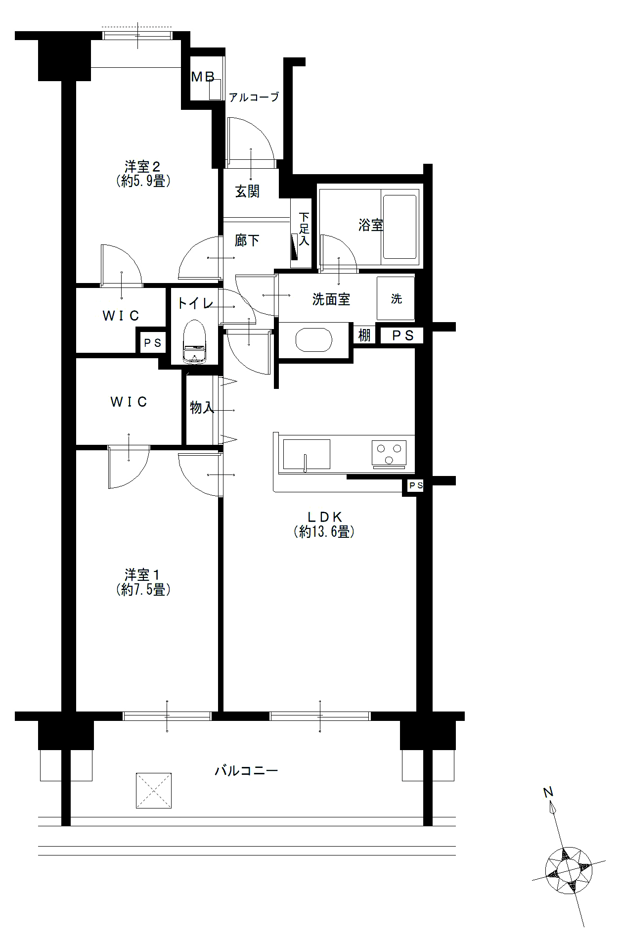 804号室 間取り図（改修計画・2LDK＋2WIC）